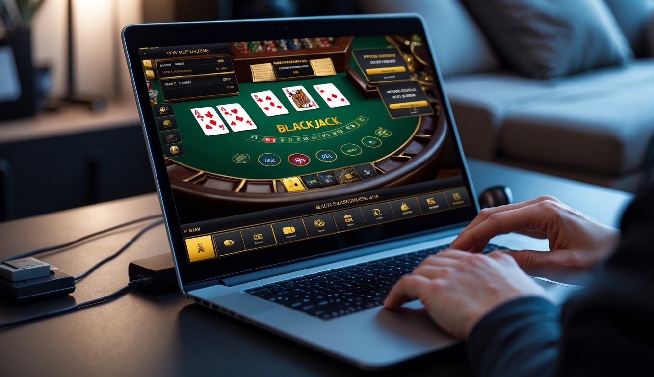 Seorang pemain sedang fokus bermain blackjack multi-deck online di depan layar komputer dengan latar ruang kerja yang nyaman.