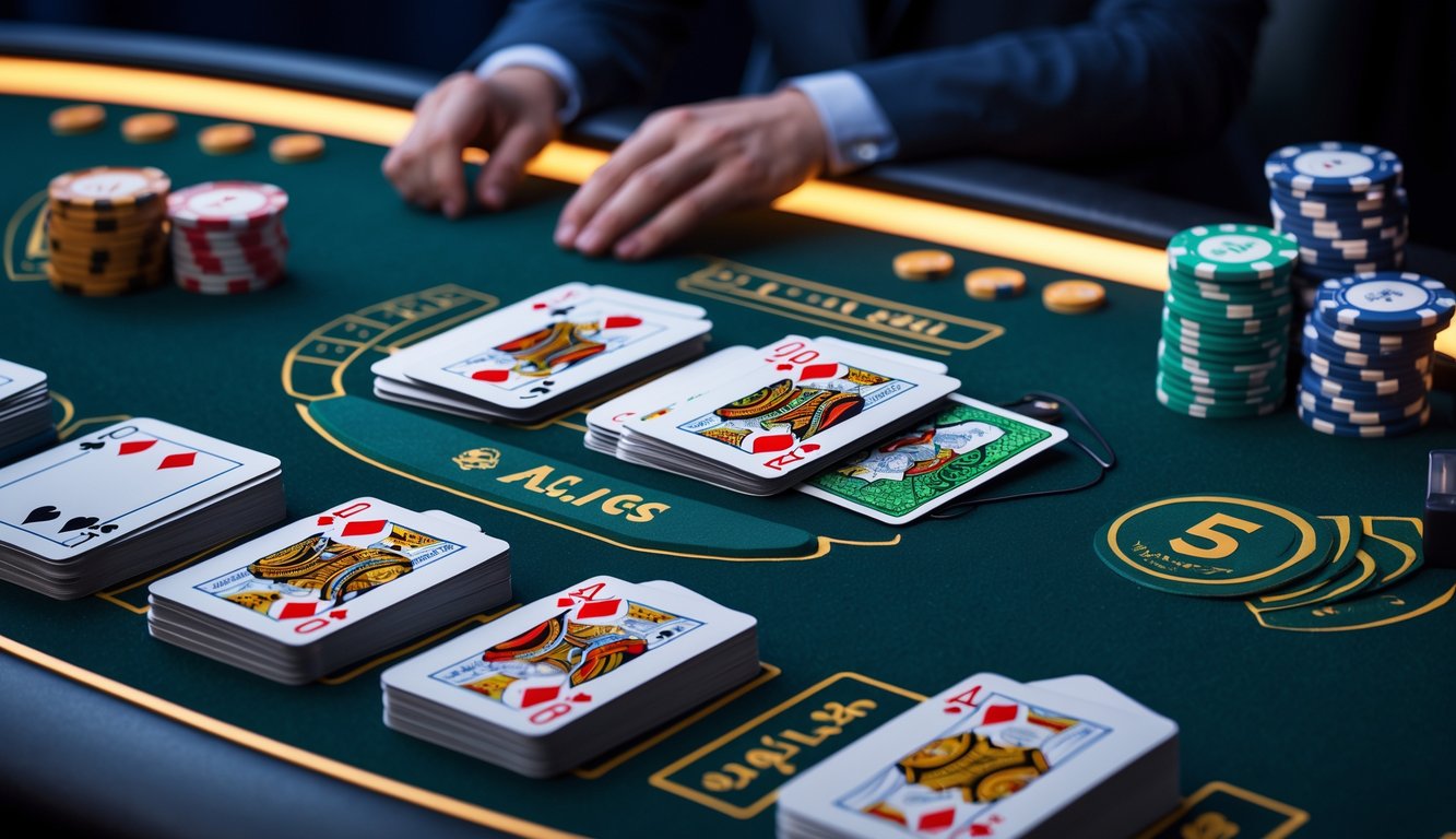 Tampilan meja blackjack online dengan beberapa tumpukan kartu dan chip di layar komputer.