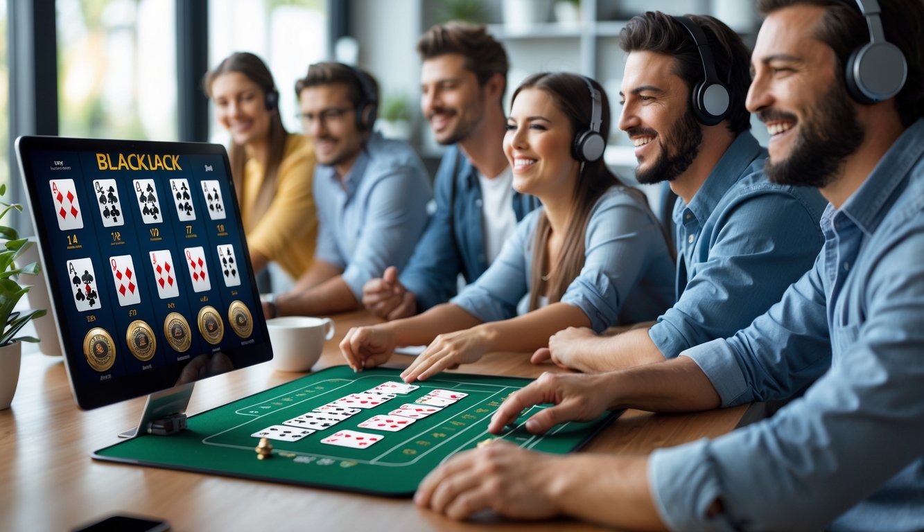 Orang-orang bermain blackjack online dengan beberapa dek kartu di layar komputer dalam ruangan modern.