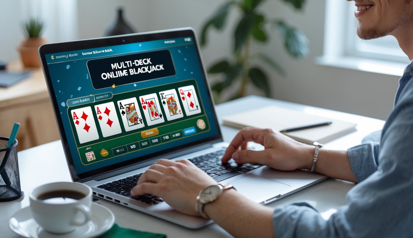 Seseorang sedang bermain blackjack multi-deck online di laptop di sebuah ruangan yang nyaman.