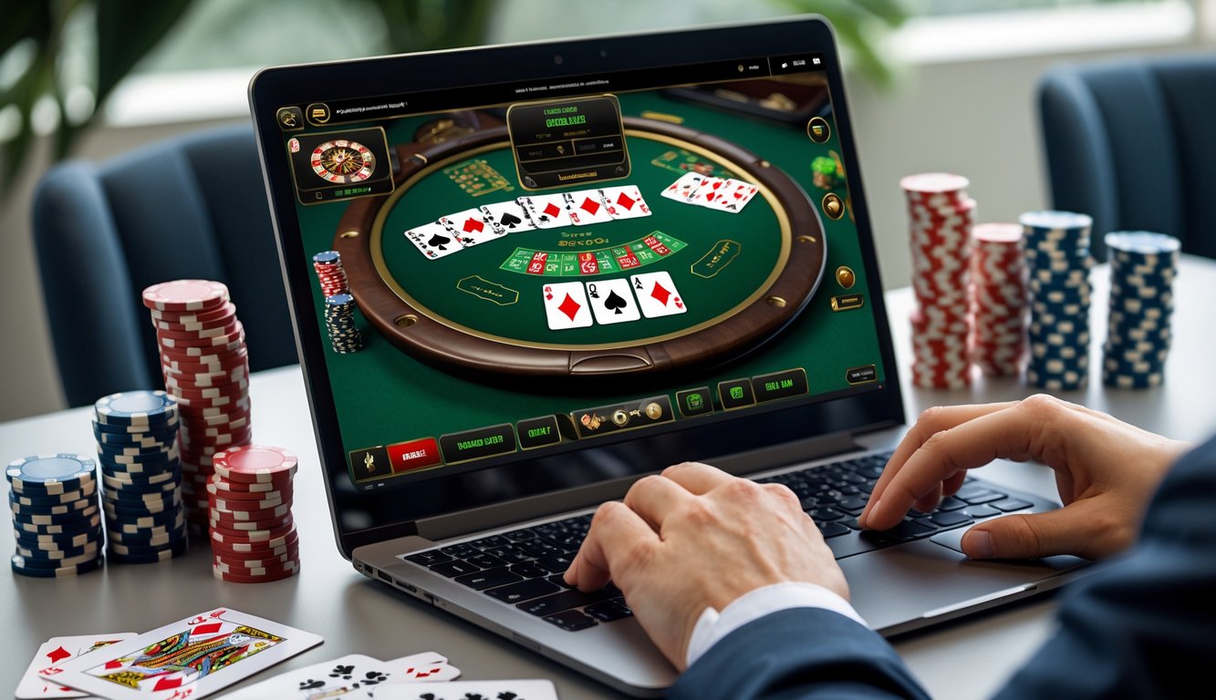 Seseorang bermain blackjack online di depan komputer dengan kartu dan chip poker di meja.