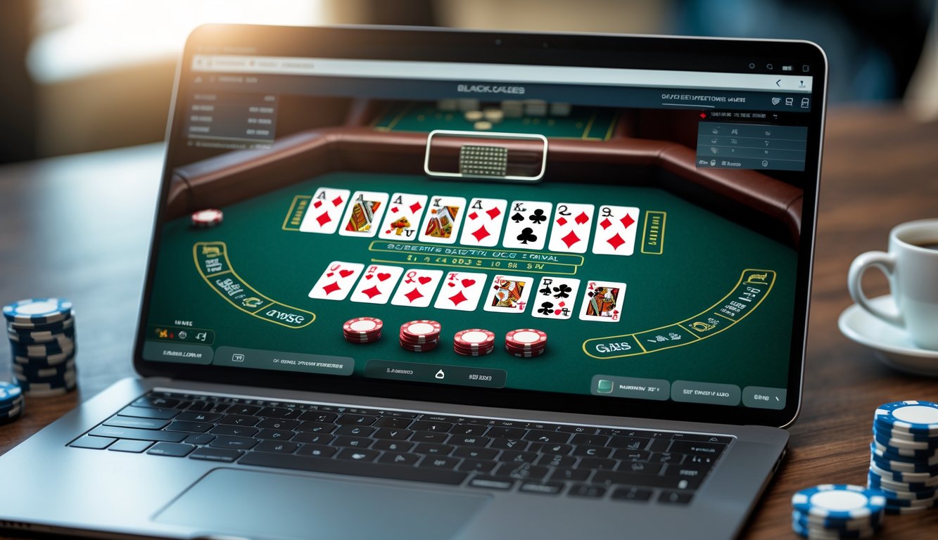 Seseorang bermain blackjack online dengan beberapa dek kartu dan chip taruhan di meja kerja.