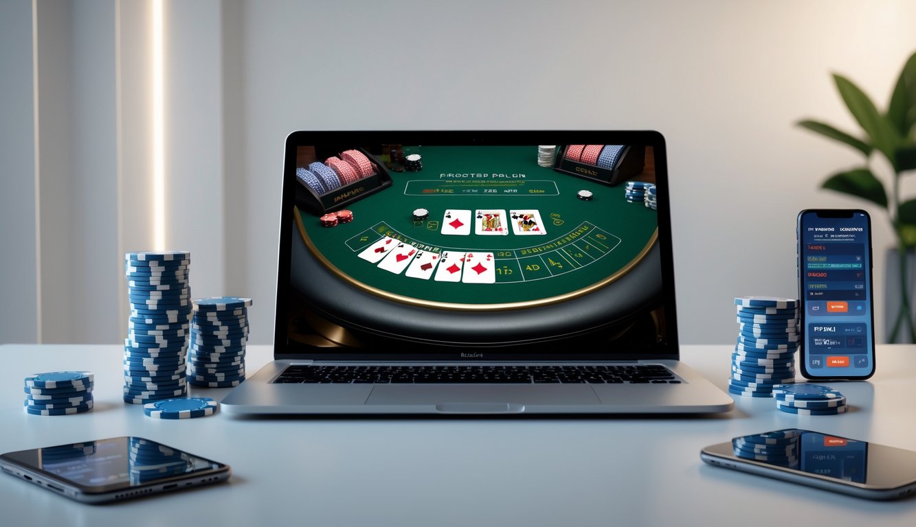 Sebuah laptop menampilkan permainan blackjack multi-deck online dengan tumpukan chip poker di sekitarnya di atas meja kerja minimalis.