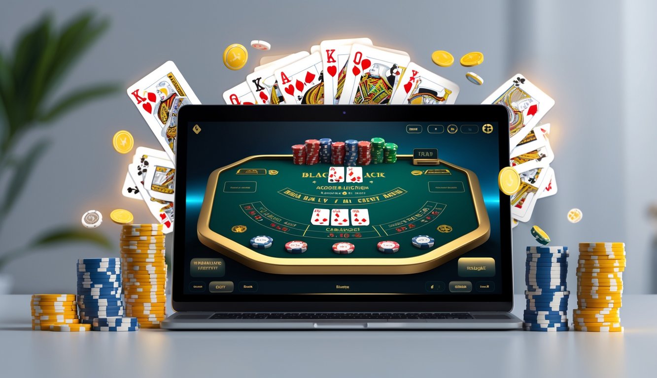 Sebuah perangkat digital menampilkan permainan blackjack multi-deck dengan tumpukan chip poker dan uang di sekitarnya.