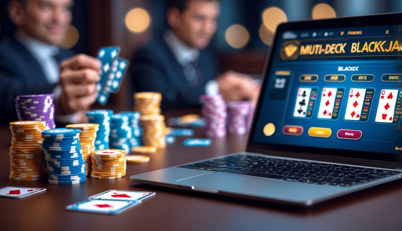 Tampilan layar komputer dengan permainan blackjack multi-deck online, kartu dan chip berjajar di depan layar.