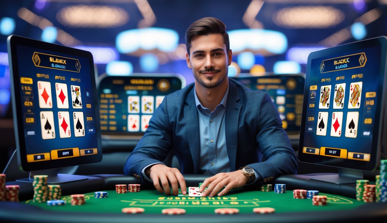 Seorang pria fokus bermain blackjack multi-deck online di depan beberapa layar komputer dengan kartu dan chip kasino di meja.