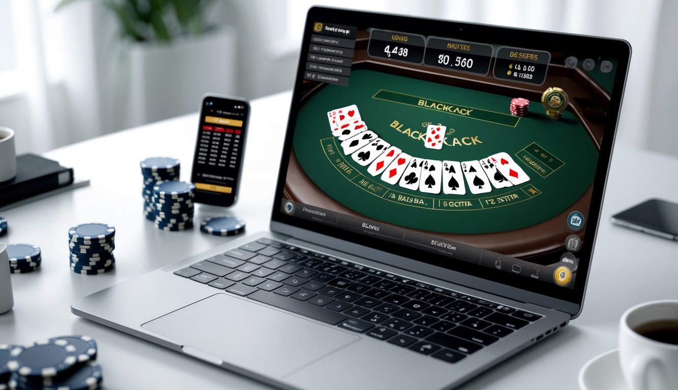 Seorang pemain menggunakan laptop dengan tampilan meja blackjack multi-deck online, dikelilingi chip poker dan ponsel di atas meja kerja yang rapi.