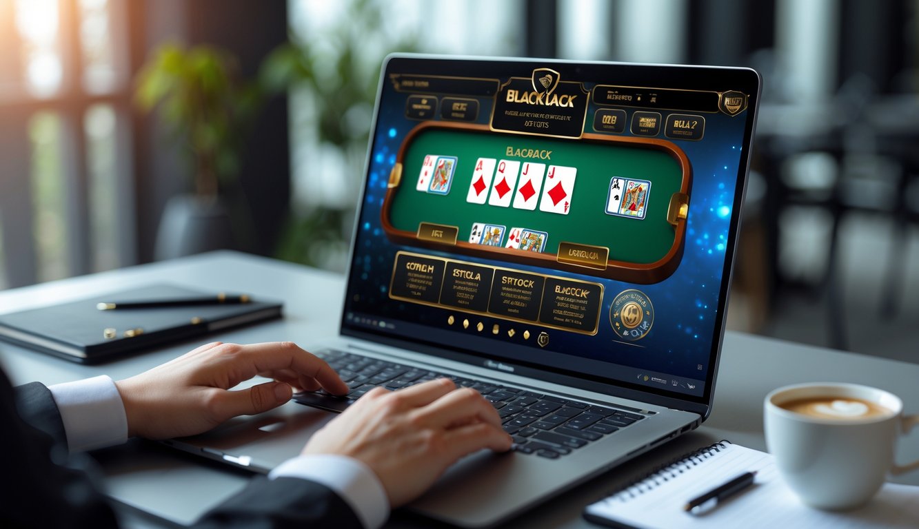 Seorang pemain sedang menggunakan laptop dengan tampilan permainan blackjack multi-deck online di meja kerja yang rapi.
