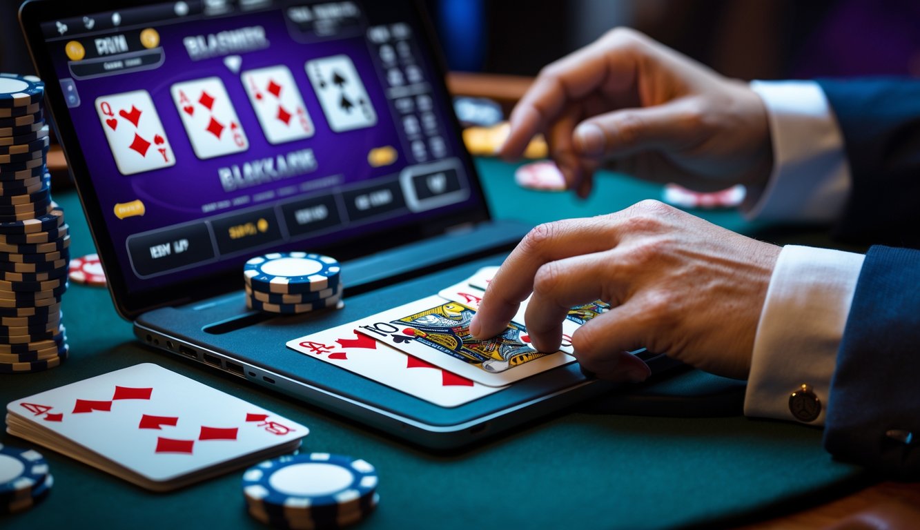 Seorang pemain sedang bermain blackjack online dengan kartu dan tumpukan chip di depan layar laptop.