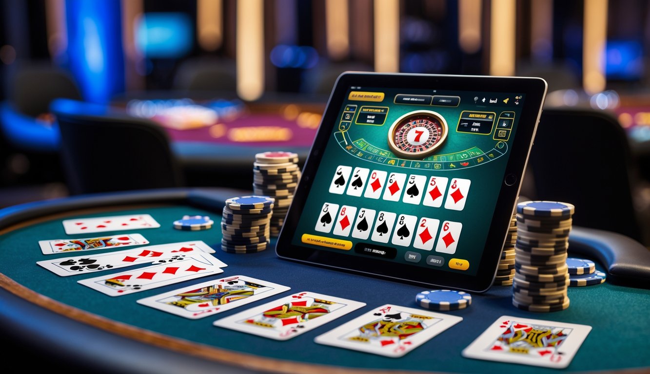 Tampilan meja blackjack online dengan beberapa tumpukan kartu dan chip di samping perangkat elektronik.