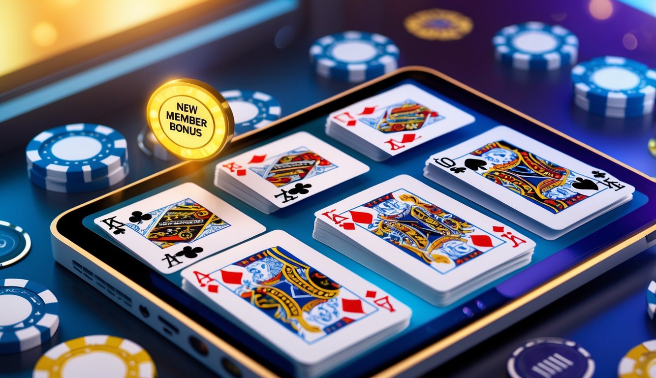 Layar perangkat digital yang menampilkan permainan blackjack multi-deck dengan kartu dan chip di sekitarnya.
