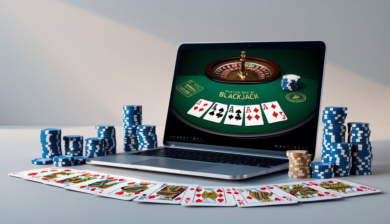 Sebuah meja blackjack online dengan kartu dan chip poker di sekitar komputer yang menampilkan permainan blackjack.