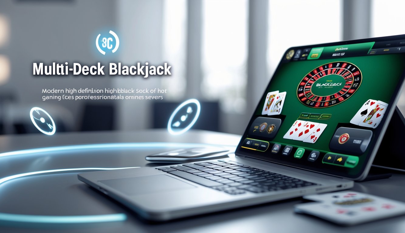 Tampilan dekat layar komputer yang menampilkan permainan blackjack multi-deck online dengan latar belakang bersih dan pencahayaan terang.