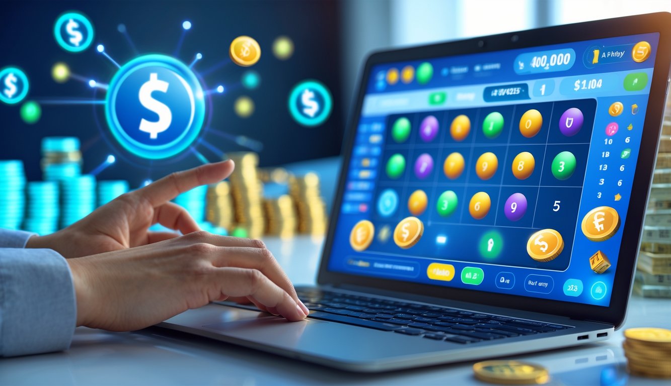 Seseorang menggunakan laptop atau ponsel untuk bermain lotere online dengan bola lotere berwarna-warni dan simbol hadiah besar di layar.