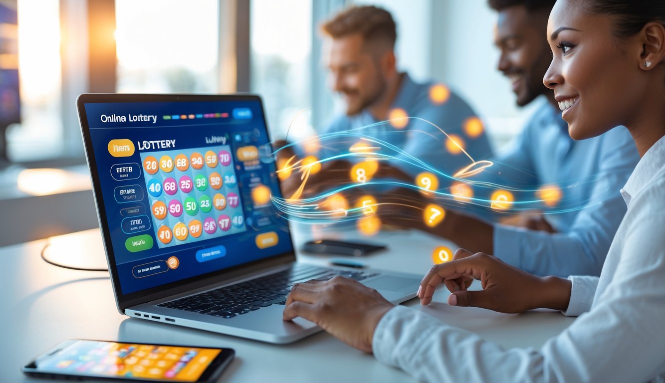 Orang-orang menggunakan laptop dan ponsel pintar untuk bermain lotere online dengan antusias di ruang kerja yang cerah dan modern.