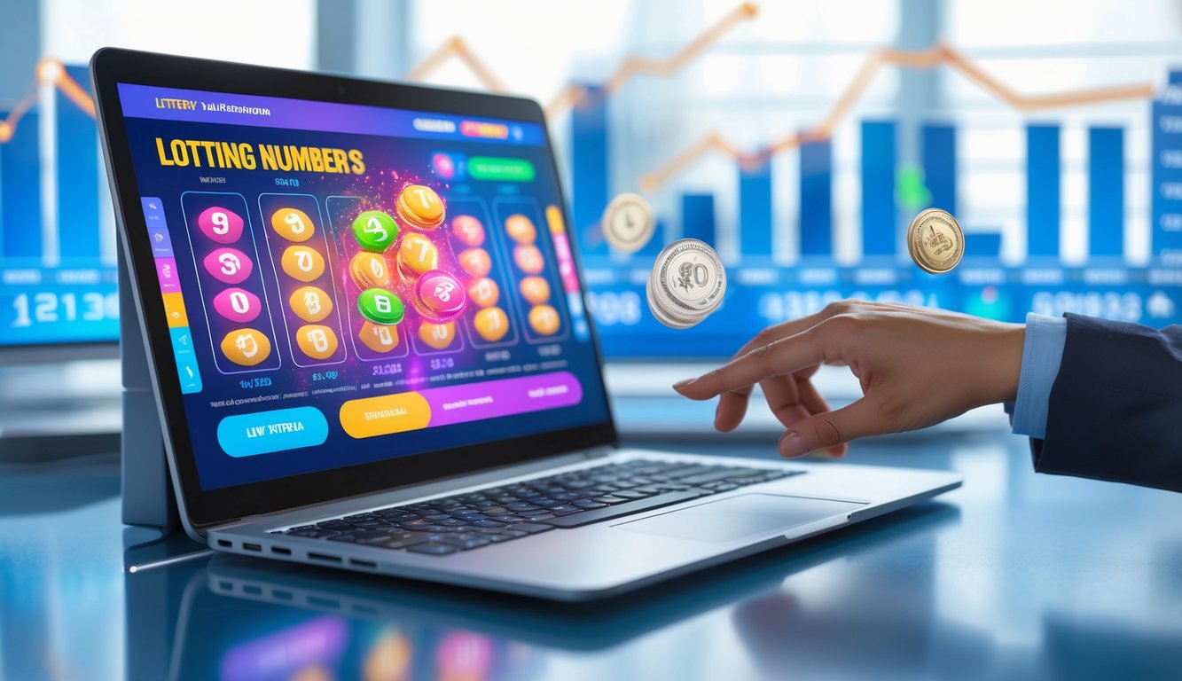 Seseorang menggunakan laptop dengan tampilan antarmuka digital lotere online di meja kerja modern.