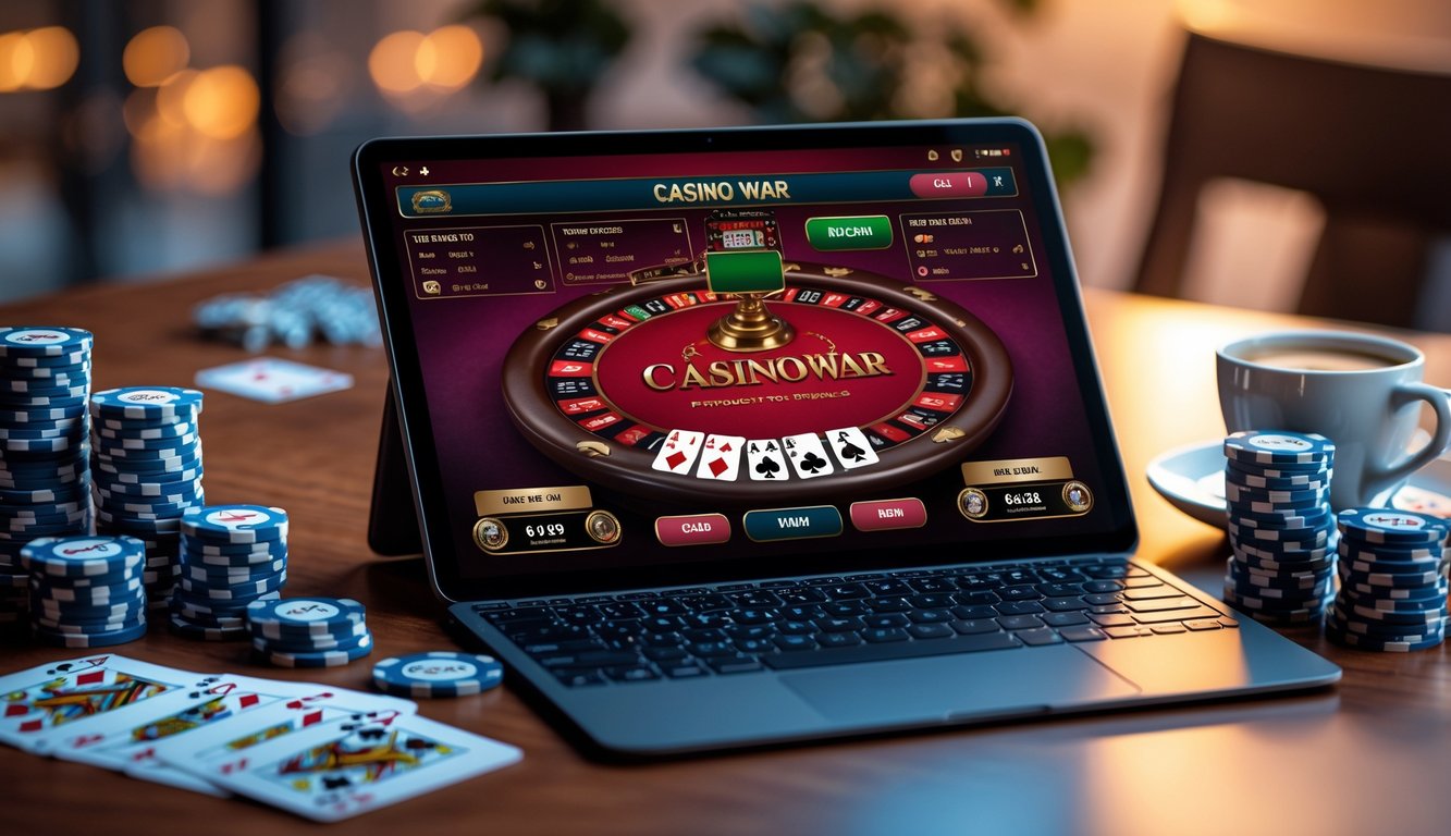 Seorang pemain bermain poker online Casino War di laptop dengan tumpukan chip dan kartu di meja.