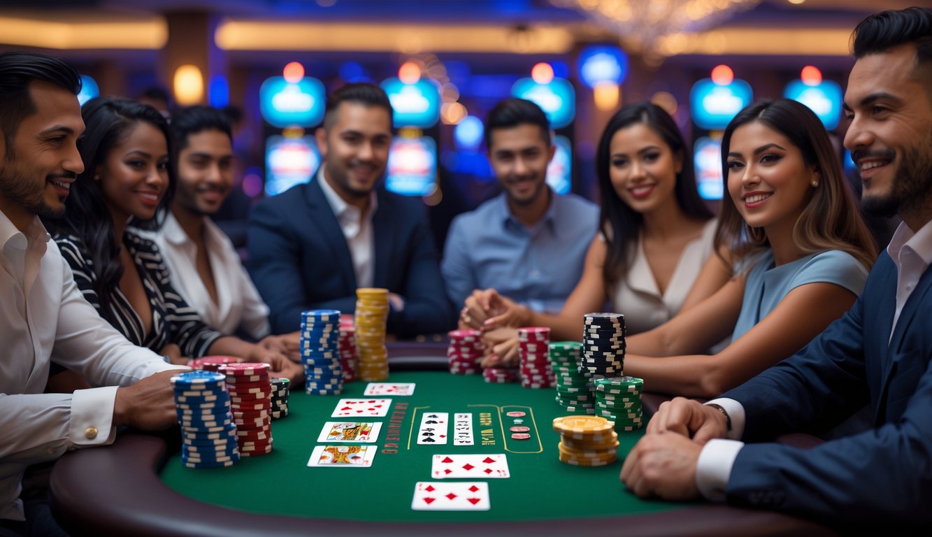 Meja poker dengan kartu dan chip, beberapa pemain sedang bermain dengan serius di kasino.