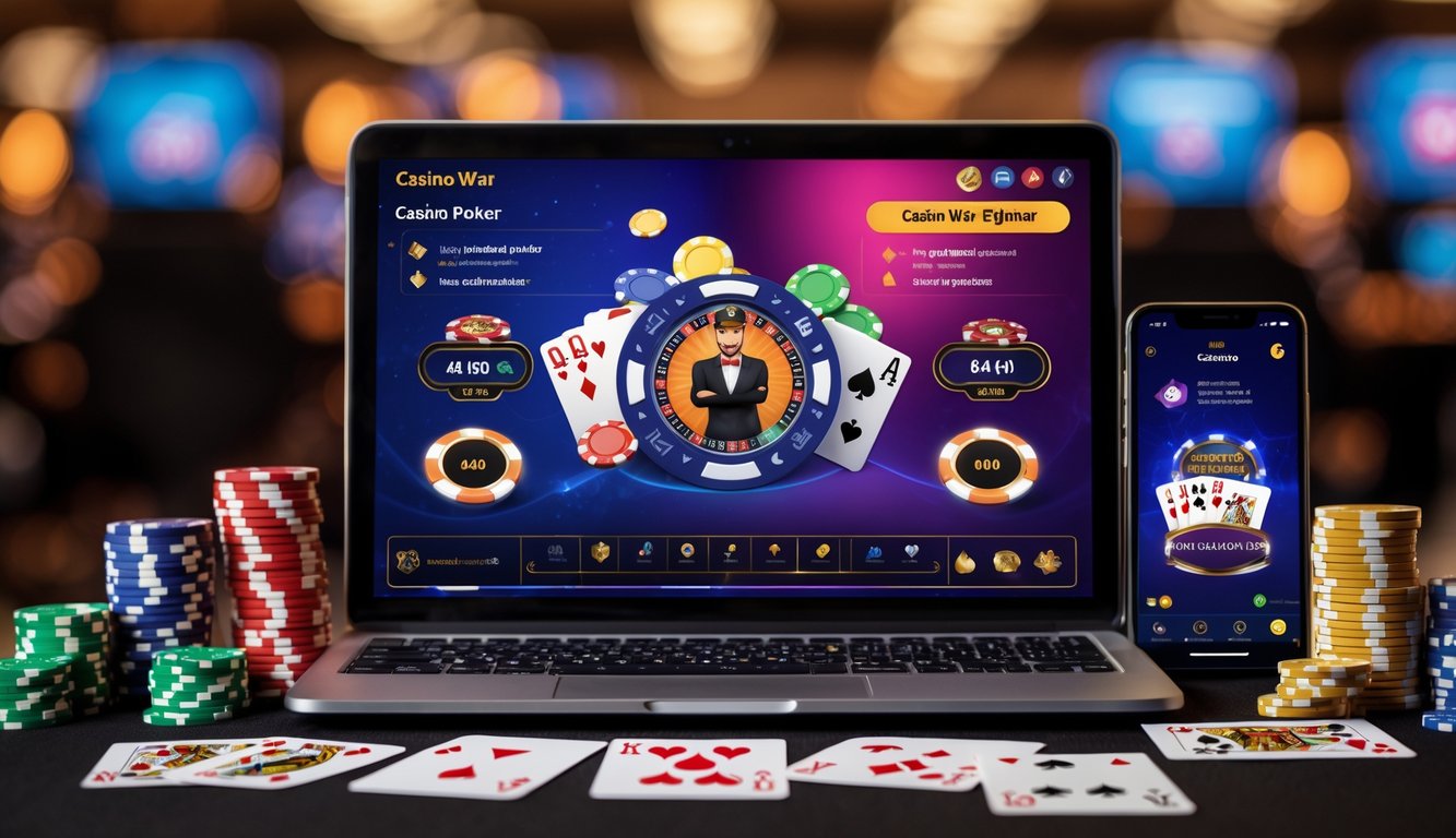 Seorang pemain menggunakan laptop dengan permainan poker online dan chip kasino di meja.