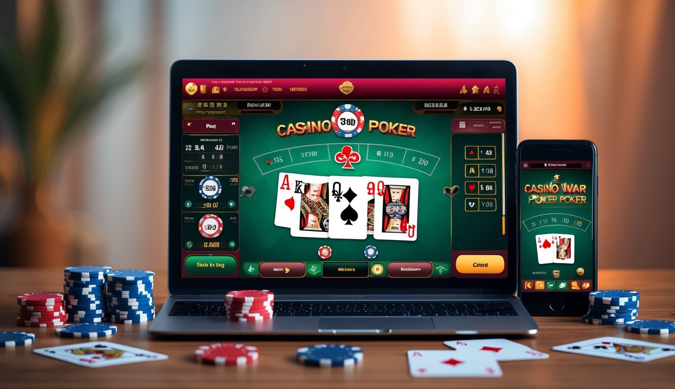 Seorang pemain menggunakan laptop dan smartphone untuk bermain Casino War Poker online dengan chip poker dan kartu di atas meja kayu.