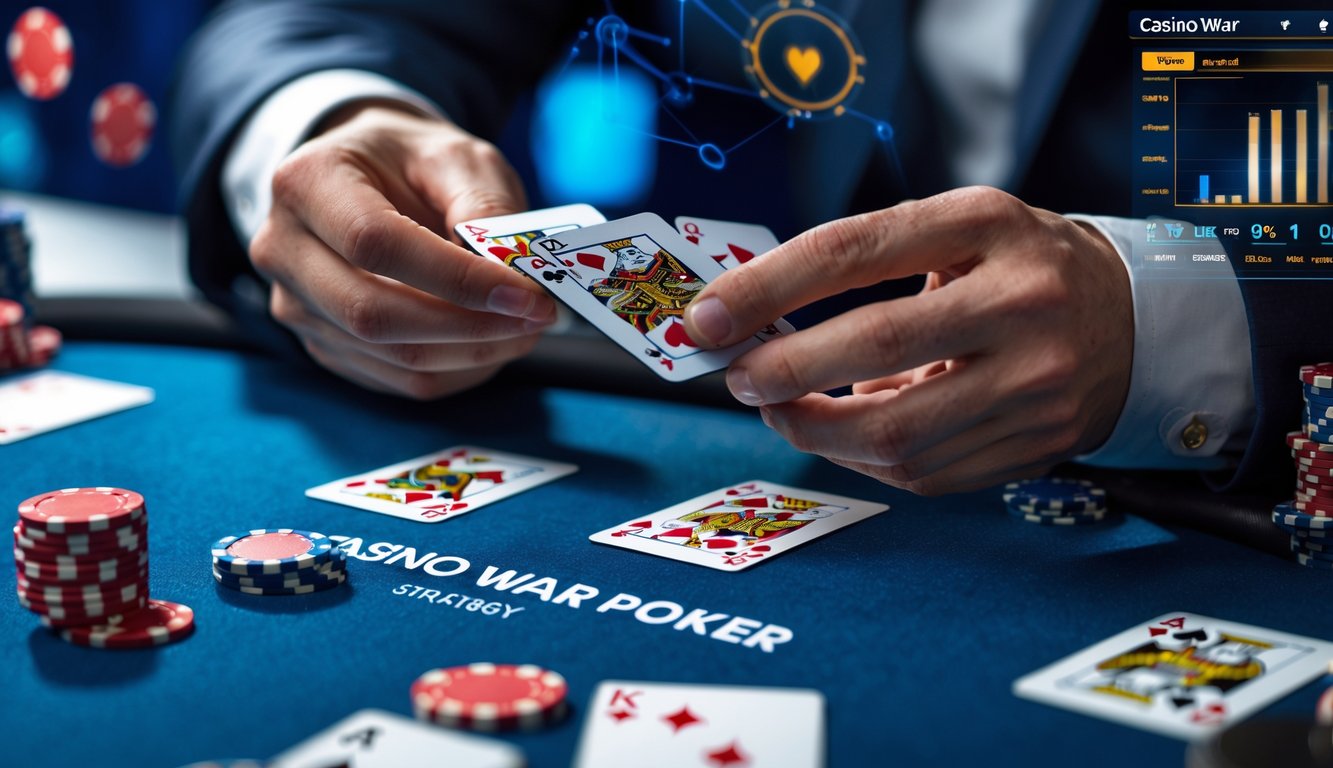 Seseorang memegang kartu poker di depan layar komputer dengan meja poker digital dan chip kasino di latar belakang.
