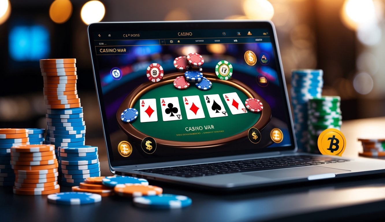 Seorang pemain sedang bermain poker online Casino War di depan layar komputer dengan tumpukan chip dan suasana kasino.