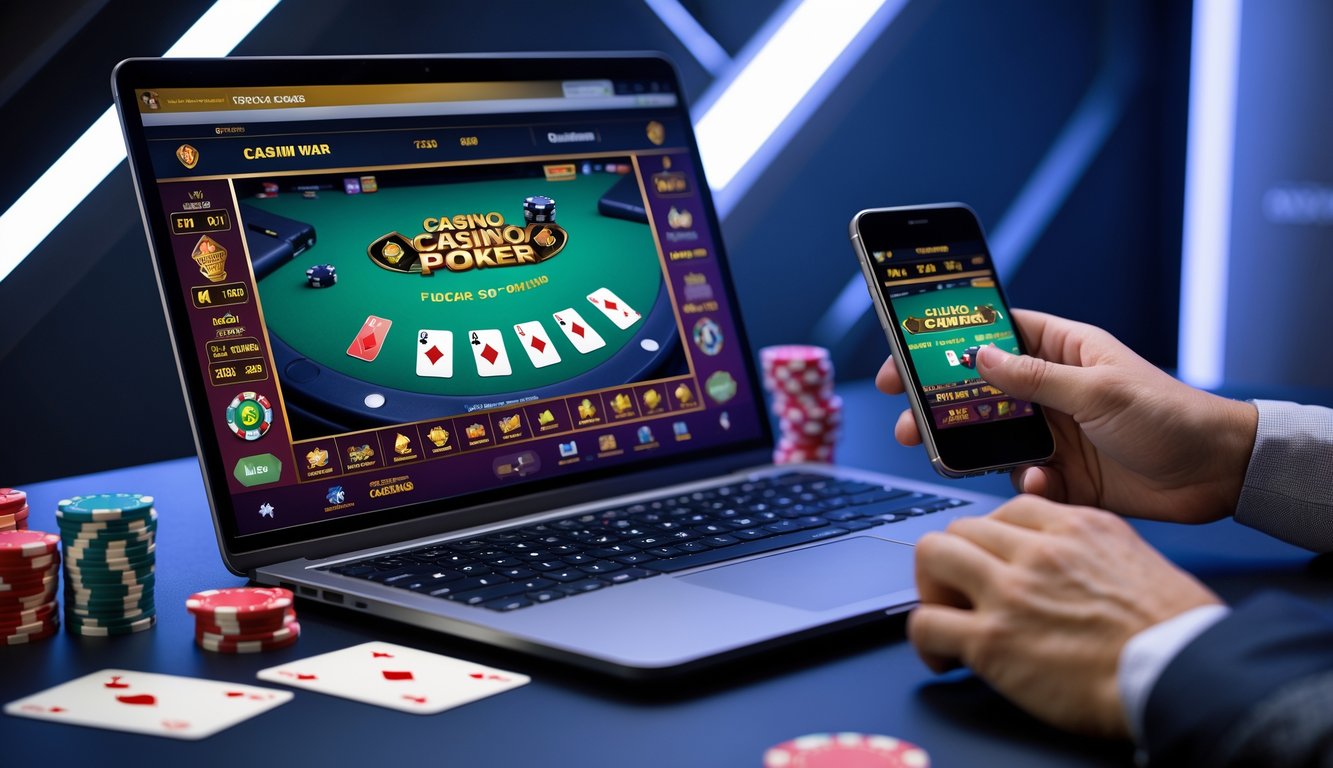 Seseorang bermain Casino War Poker online menggunakan laptop dan smartphone dengan chip poker dan kartu di meja.