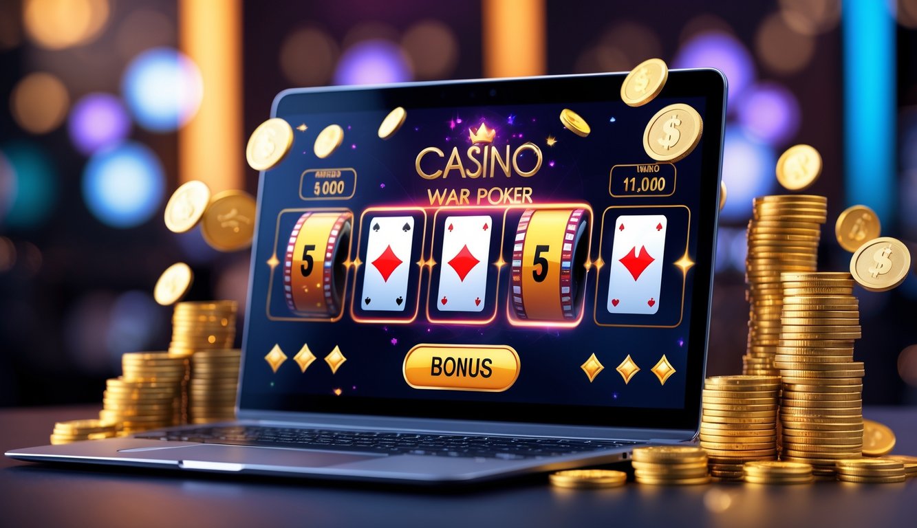 Seorang pemain menggunakan laptop dengan tampilan permainan poker online yang menampilkan chip dan kartu, dikelilingi tumpukan chip poker dan koin emas yang menggambarkan kemenangan besar.