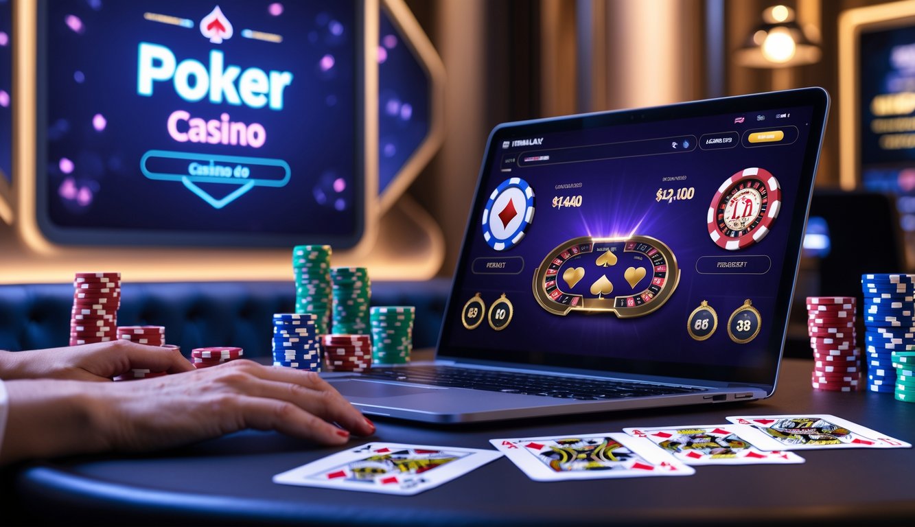 Suasana kasino online dengan permainan poker di layar laptop dan tumpukan chip poker di meja.
