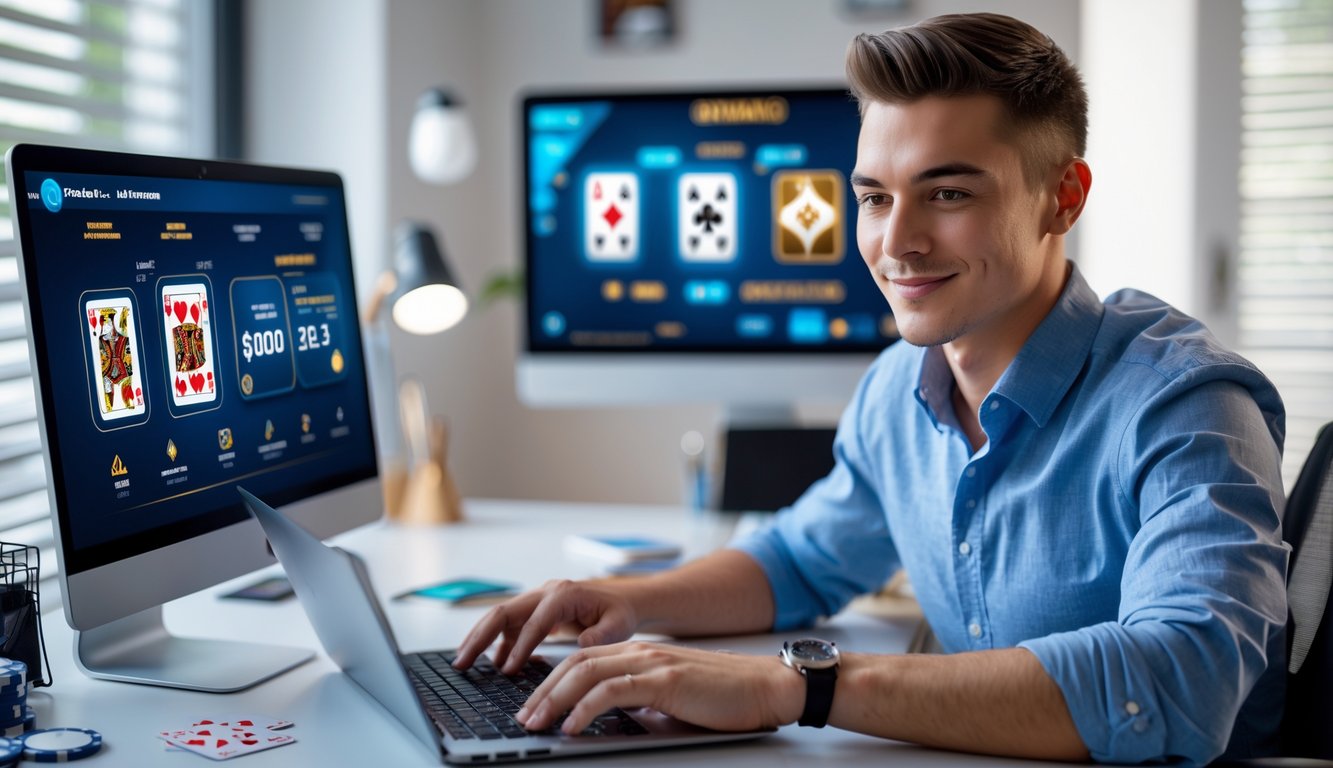 Seorang pria muda duduk di meja modern bermain poker online dengan laptop di ruang kerja yang terang dan rapi.