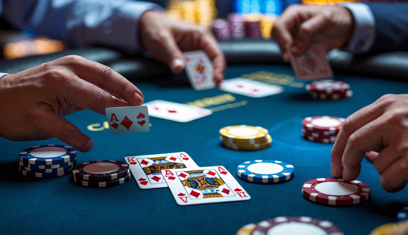 Tangan memegang kartu poker dan chip di meja permainan kasino online dengan antarmuka digital.