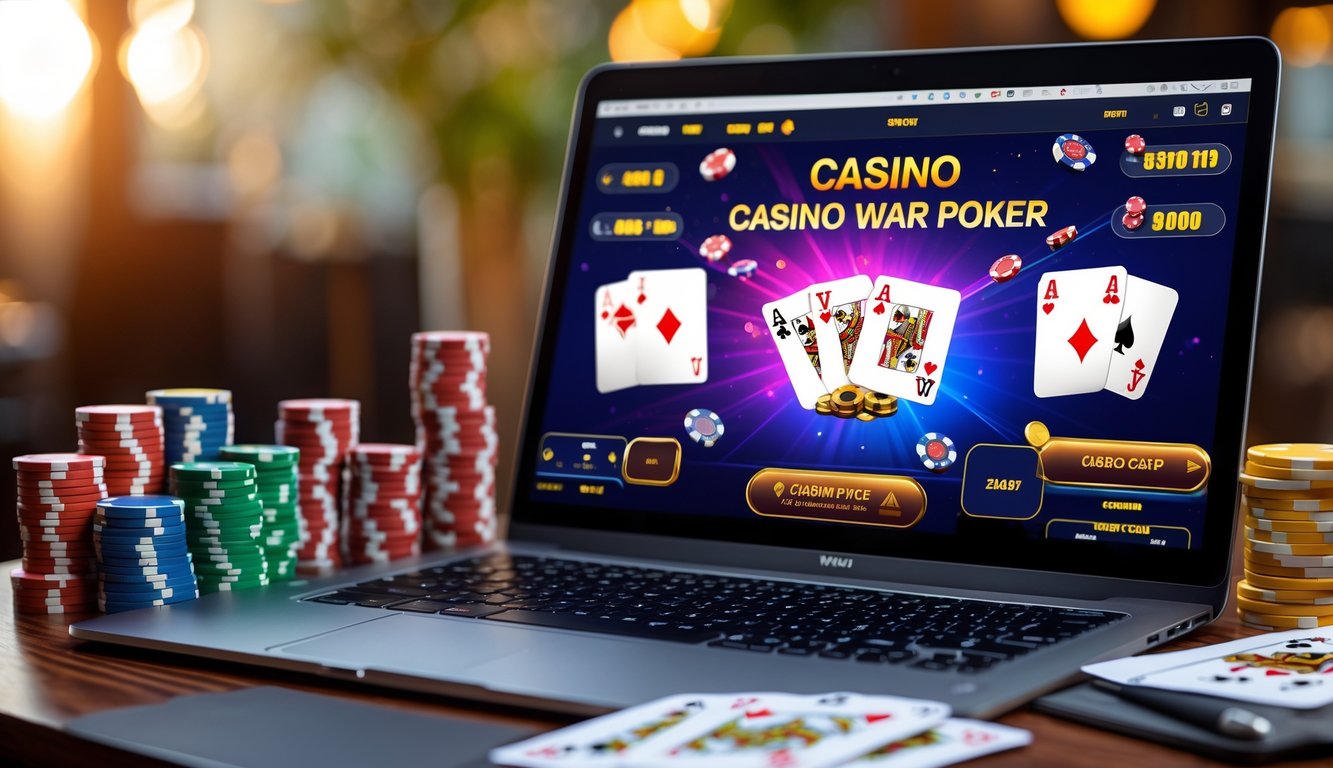 Sebuah meja dengan komputer yang menampilkan permainan Casino War Poker online, dikelilingi oleh chip poker dan kartu remi.