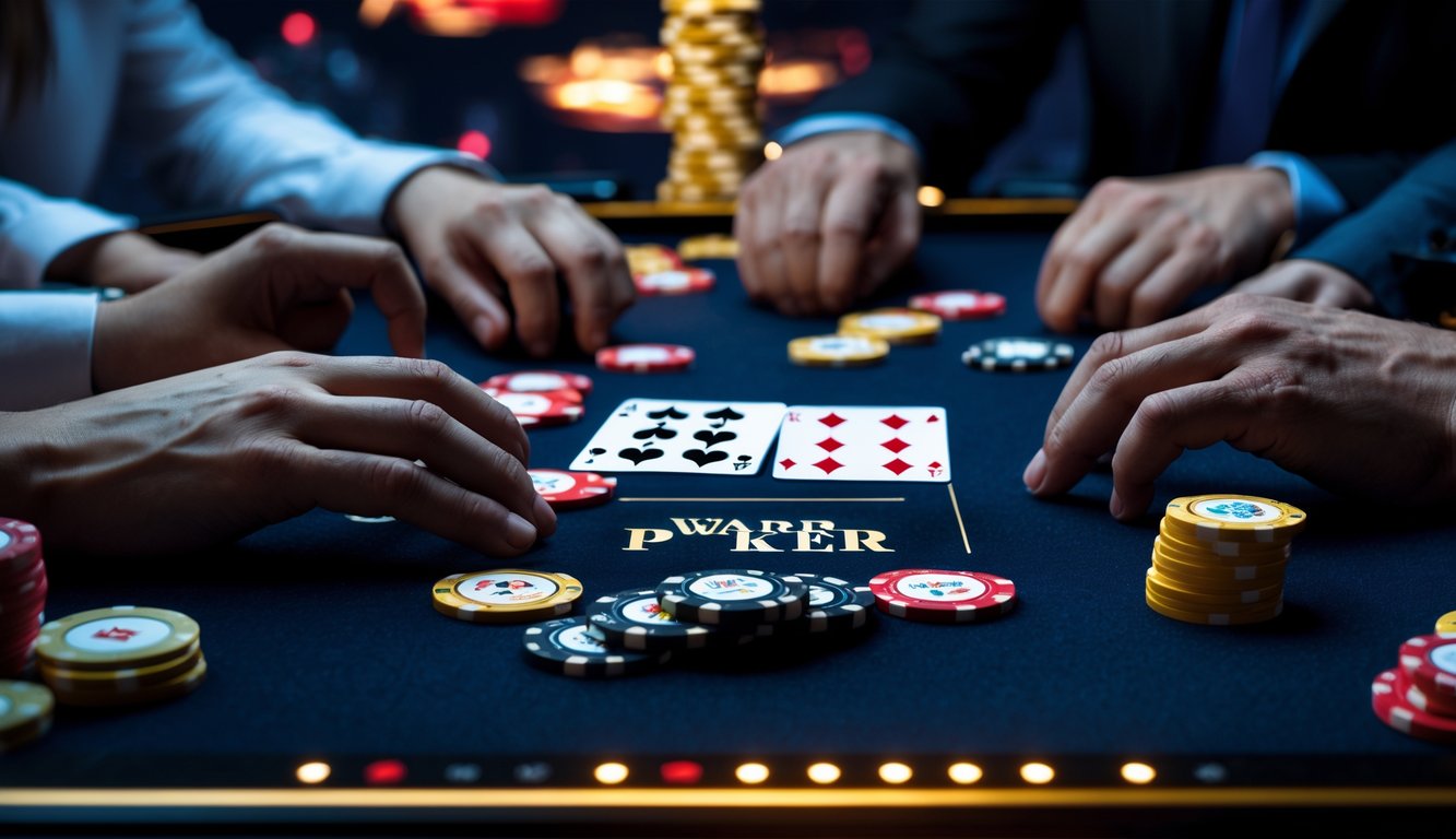 Suasana permainan poker online di layar komputer dengan kartu dan chip poker yang berwarna-warni, menunjukkan interaksi pemain dalam permainan kasino.