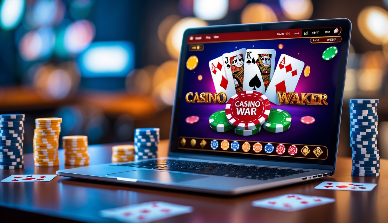 Seorang pemain sedang bermain poker casino war online dengan laptop, kartu remi, dan tumpukan chip di atas meja kayu.