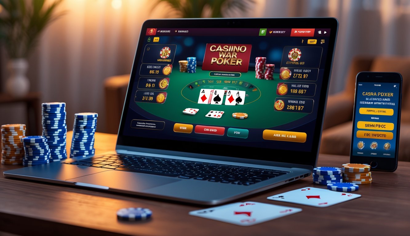 Seseorang bermain poker online di laptop dengan chip dan kartu poker di meja, suasana nyaman di rumah.