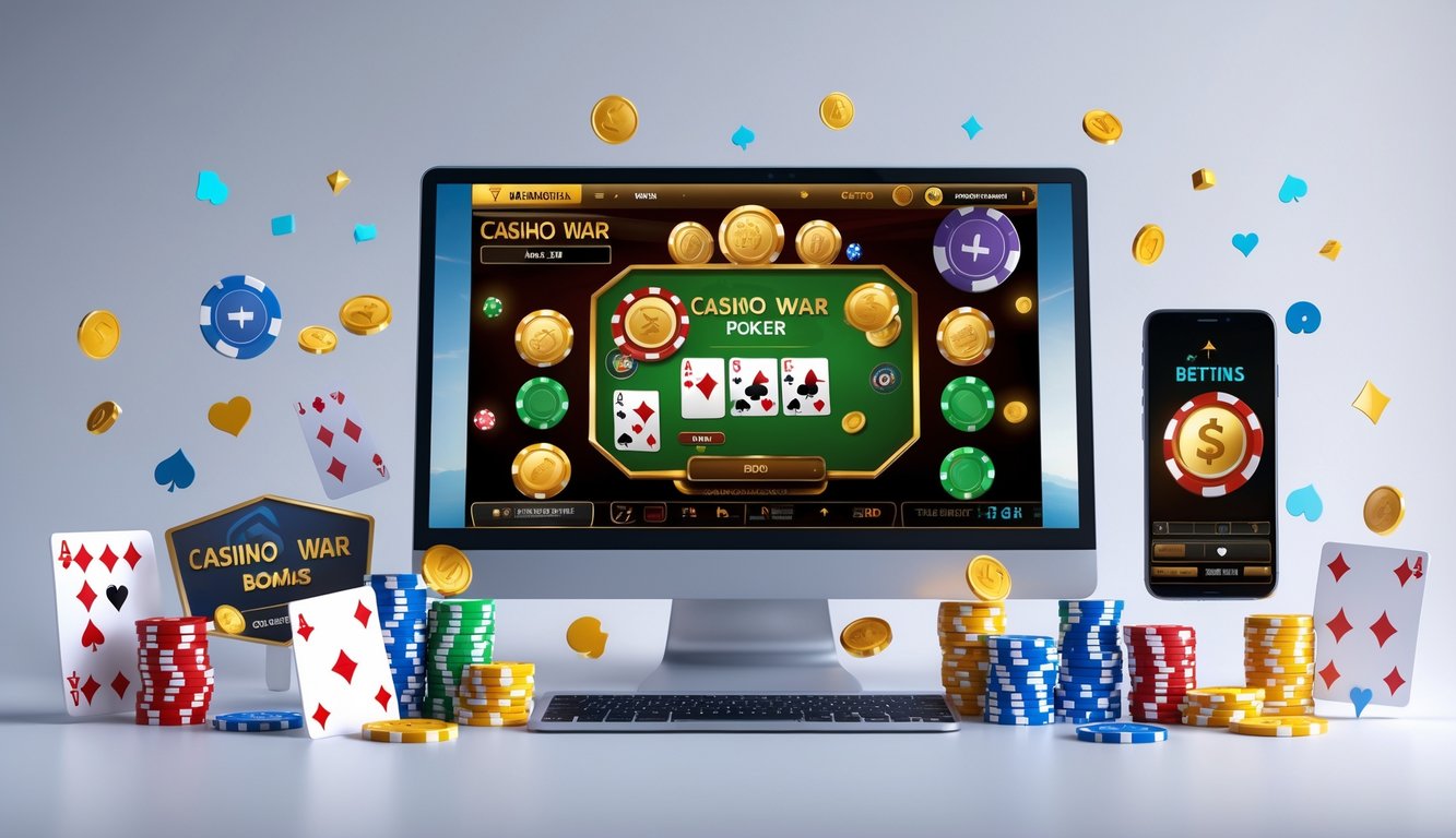 Seseorang sedang bermain Casino War Poker online di depan laptop dengan chip dan kartu poker di sekitar meja.