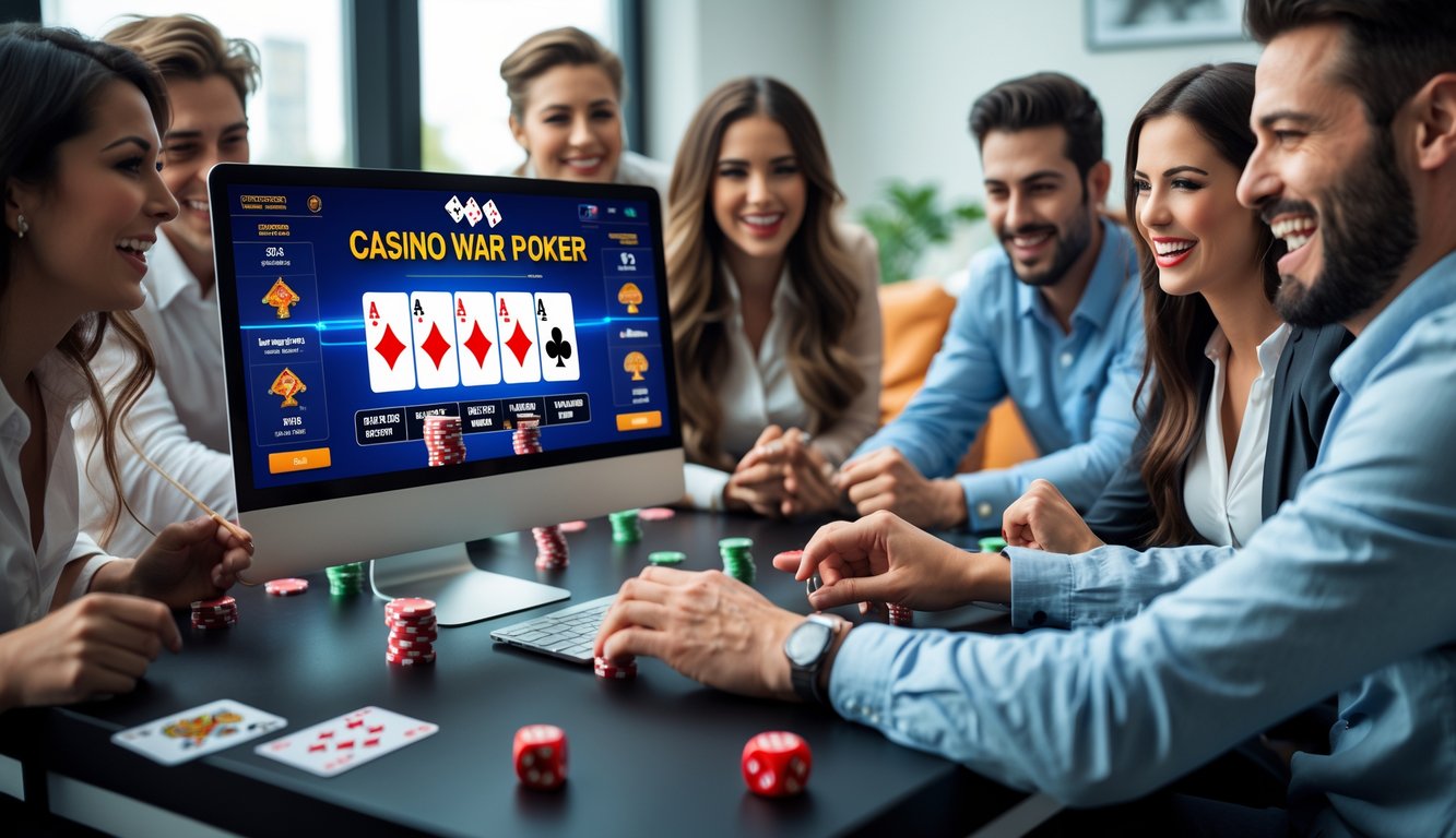 Orang-orang bermain poker online dengan komputer dan chip poker di meja, terlihat antusias dan fokus.