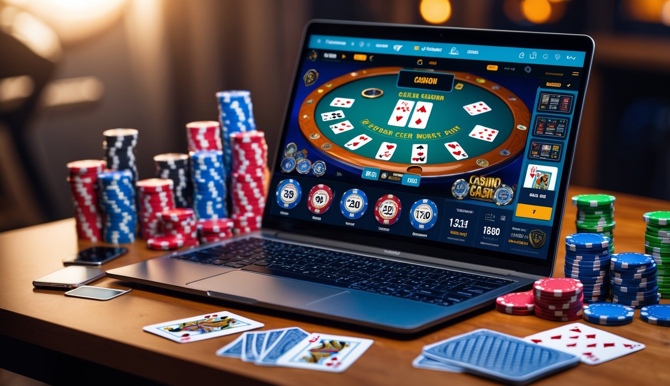 Seorang pemain sedang bermain poker casino online dengan laptop, kartu, dan chip poker di atas meja kayu.