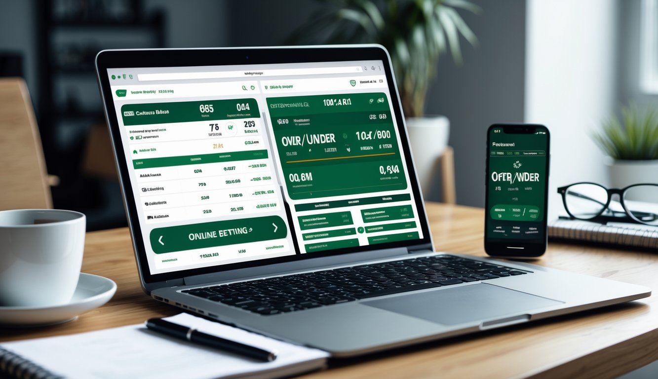 Seorang pria sedang menggunakan laptop dan ponsel untuk memasang taruhan olahraga online dengan tampilan antarmuka taruhan over/under.