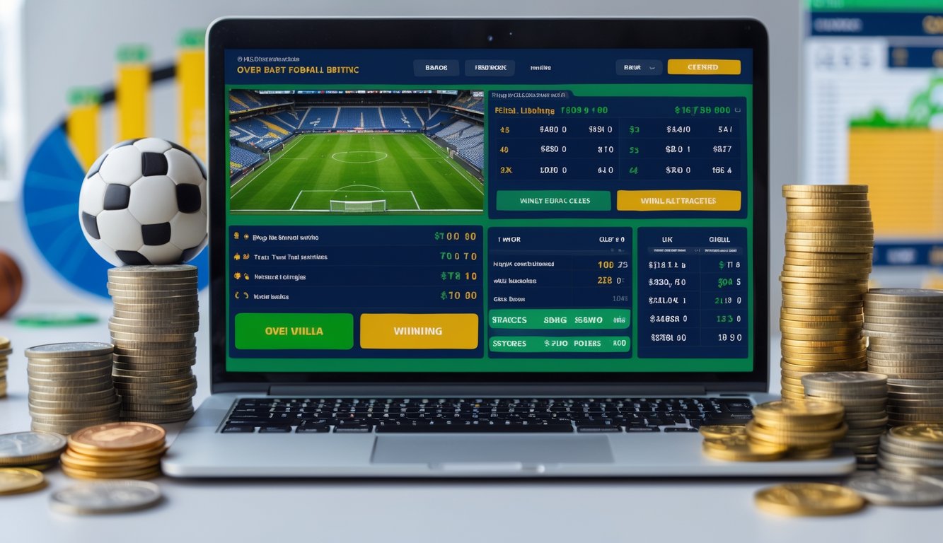 Seorang pengguna sedang melihat layar komputer dengan tampilan taruhan sepak bola online yang menampilkan statistik dan peluang menang, dikelilingi oleh simbol uang dan grafik keuntungan.
