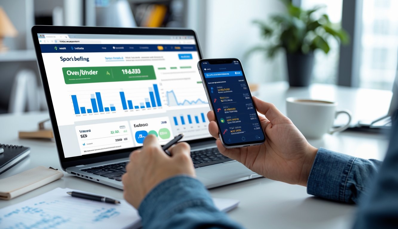 Meja kerja dengan laptop dan ponsel yang menampilkan situs taruhan bola online, dengan suasana belajar dan analisis taruhan olahraga.