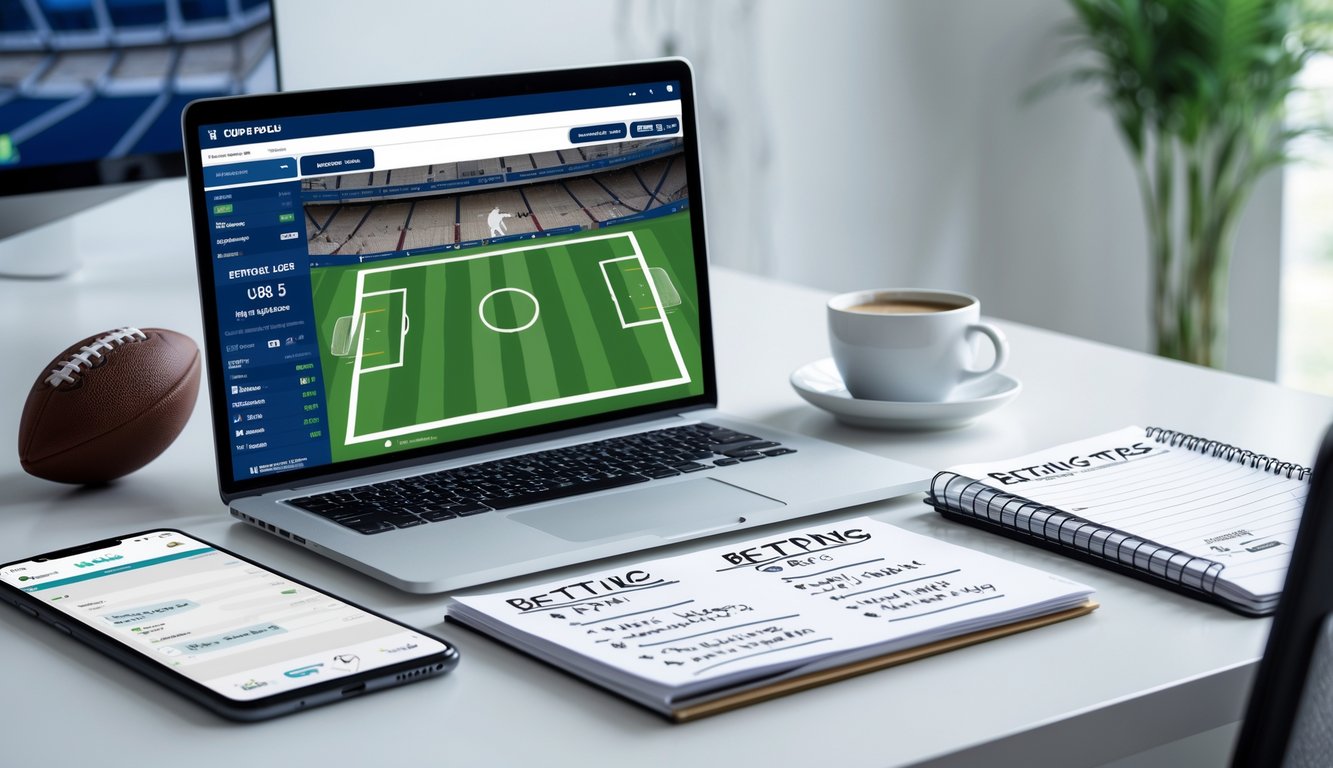 Meja kerja dengan laptop menampilkan pertandingan sepak bola, ponsel dengan aplikasi taruhan, buku catatan dengan tips taruhan, dan secangkir kopi.