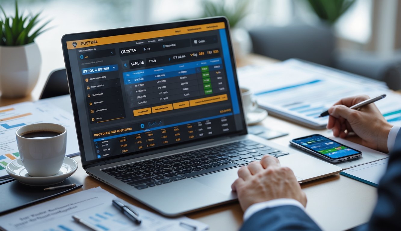 Meja kerja dengan laptop yang menampilkan platform taruhan sepak bola online dan catatan strategi di sekitarnya.