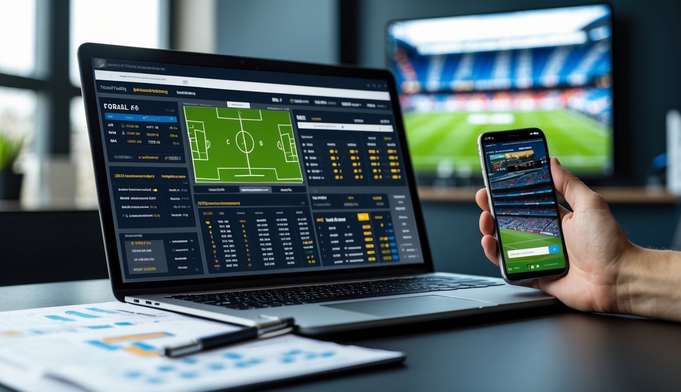 Seorang pria sedang menggunakan laptop dan smartphone dengan statistik sepak bola dan taruhan, di meja kerja yang rapi dengan catatan strategi taruhan di sekitarnya.