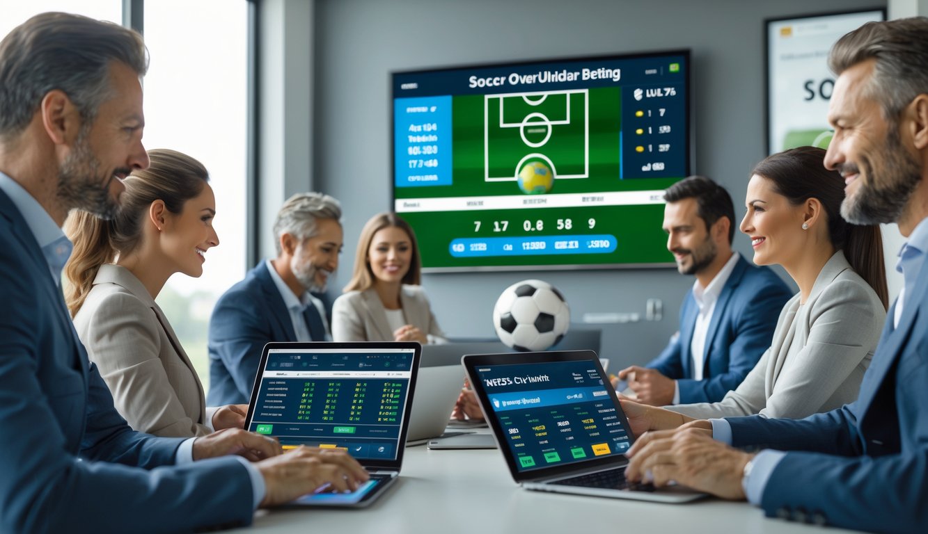 Orang-orang menggunakan perangkat digital untuk memasang taruhan sepak bola secara online di ruang yang terang dan modern.