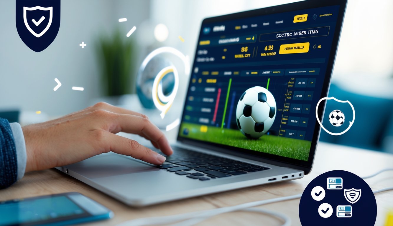 Seseorang menggunakan laptop dengan tampilan situs taruhan bola online, menunjukkan aktivitas taruhan over/under dengan latar belakang elemen yang melambangkan kepercayaan dan keamanan.