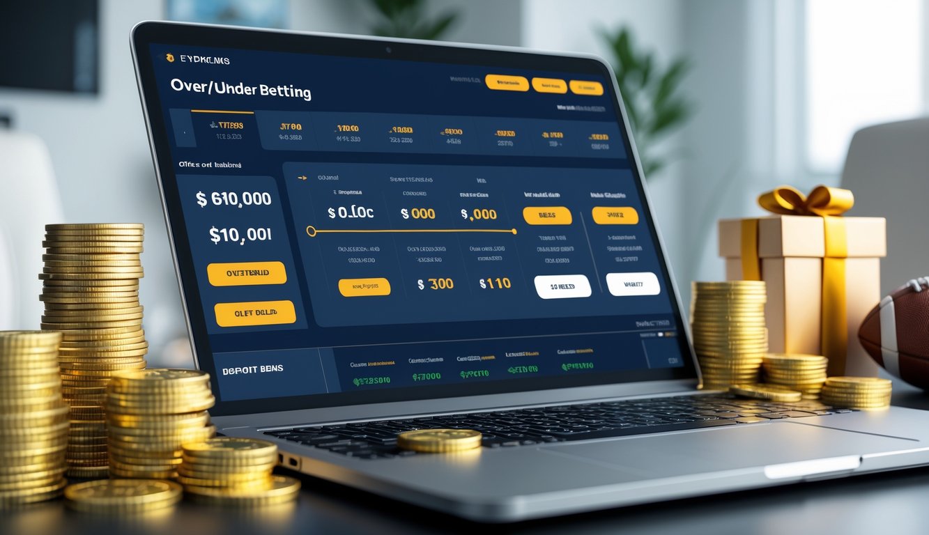 Seseorang menggunakan laptop dengan tampilan situs judi bola online, di sekitar terdapat tumpukan uang dan koin emas sebagai simbol bonus deposit.