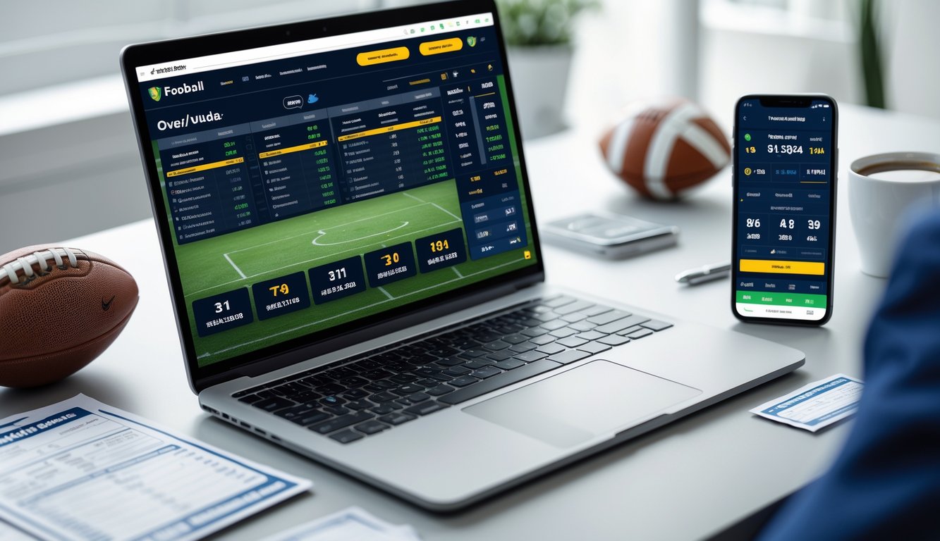 Seorang pria menggunakan laptop dan ponsel di meja kerja dengan tampilan platform taruhan sepak bola online dan bola sepak di sampingnya.