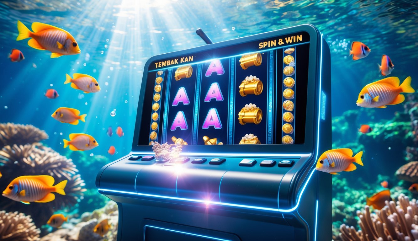 Pemandangan bawah laut dengan ikan tropis berwarna-warni mengelilingi mesin slot digital bertema laut yang sedang berputar di tengah terumbu karang.
