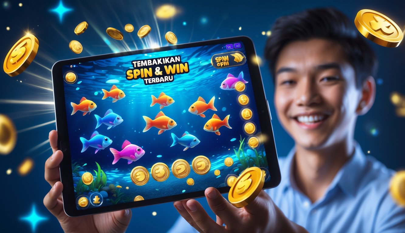 Seseorang memegang tablet yang menampilkan permainan tembak ikan dengan animasi ikan berwarna-warni dan simbol kemenangan di layar.